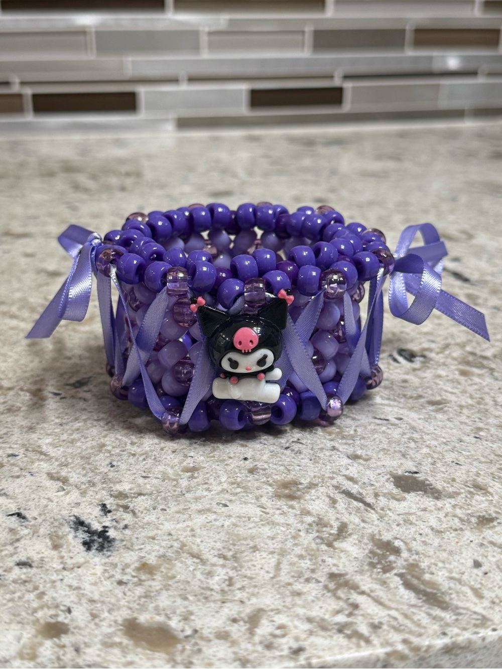 Purple Beaded Stretch Bracelet with Cute Cartoon Cat Charm
